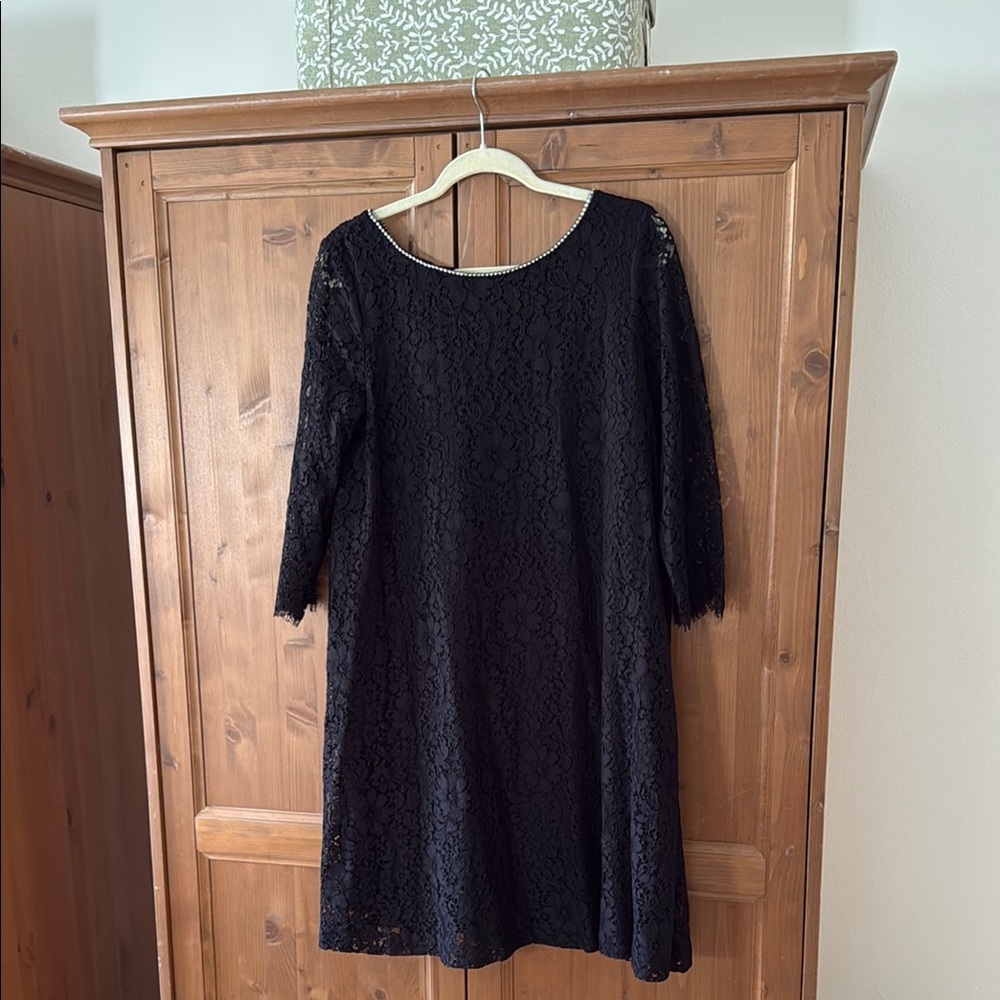 New Karl Lagerfeld Black Lace Dress 3/4 Sleeve Crew Neck rhinestones embellished